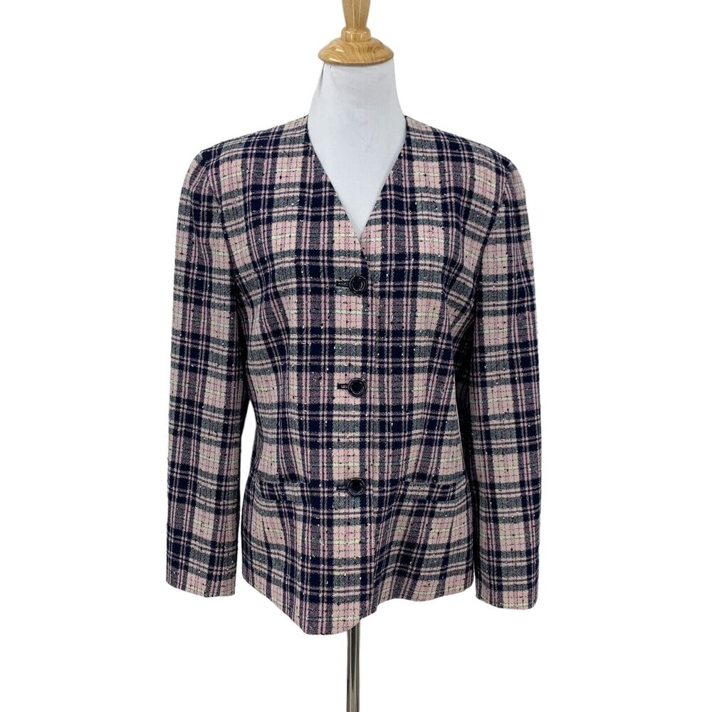 Vintage Pendleton Wool Blazer Women 8 Shoulder Pads Lined Pink Blue Plaid Jacket